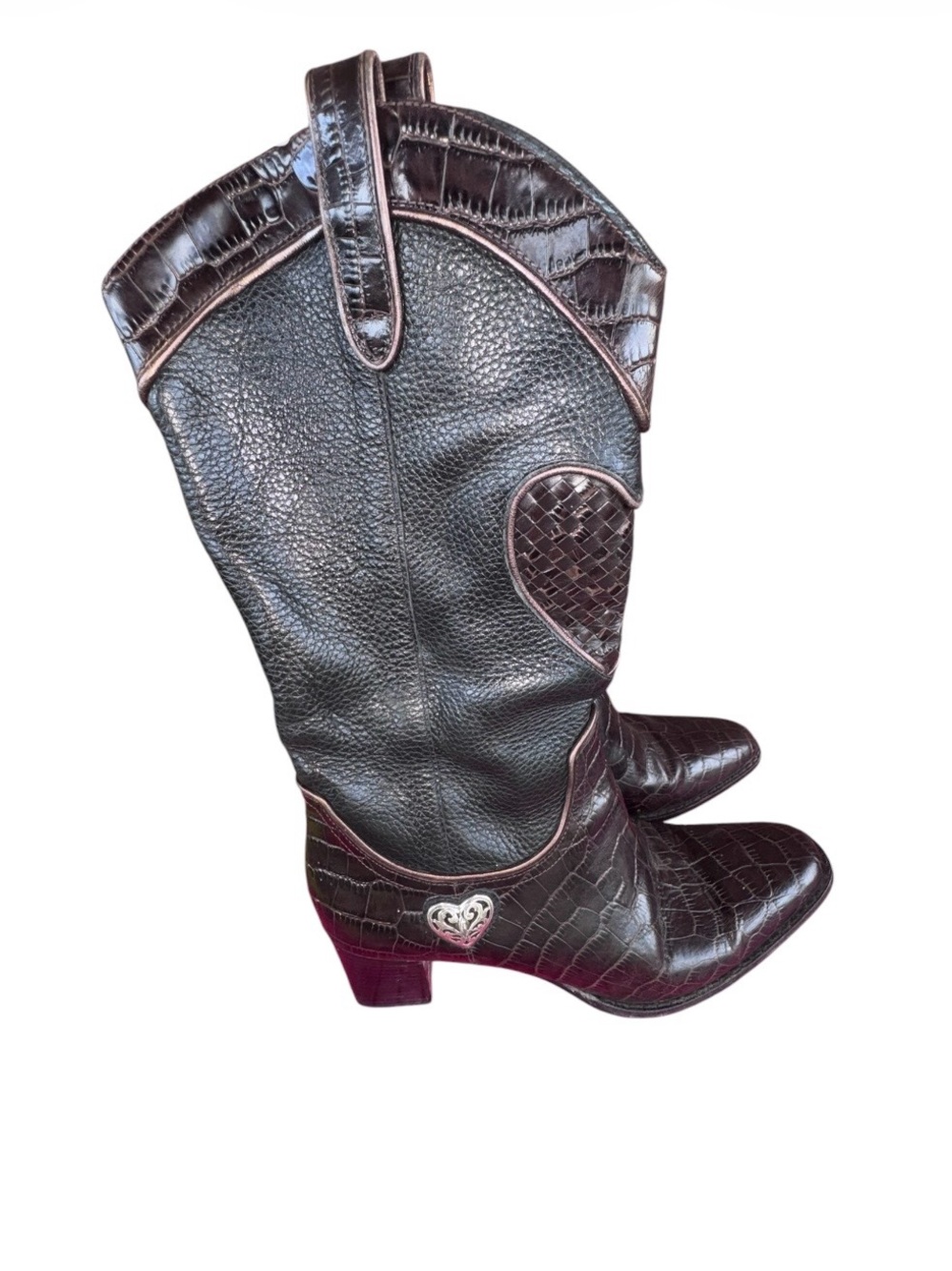 Brighton Dark Brown Croc-Textured Mid-Calf Heeled Boots